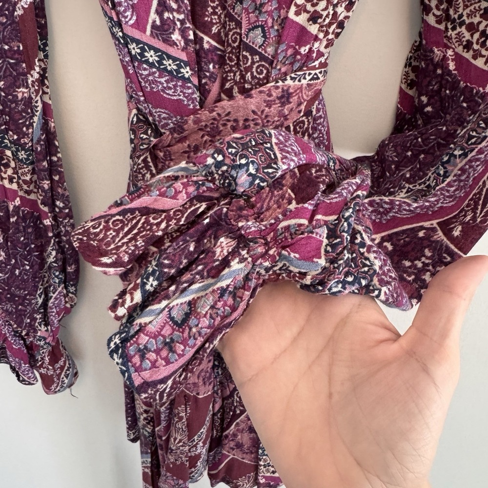 NWT Aura Shop Red Dress XS Purple Boho Patchwork Smocked Long Sleeve Mini Dress - Picture 7 of 14